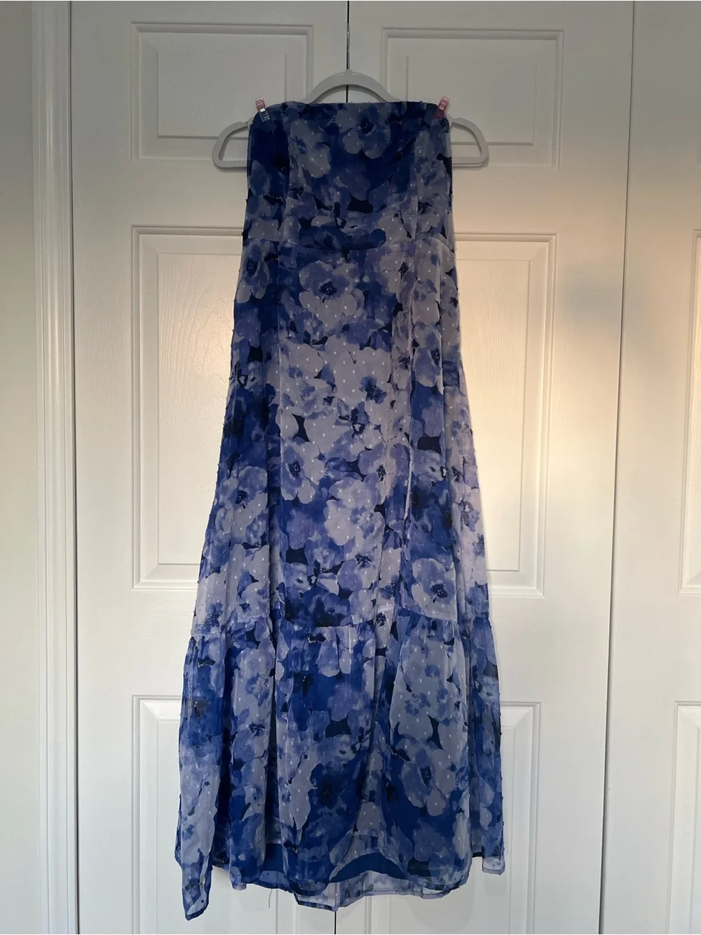 Strapless Blue Floral Maxi Dress with Side Slit